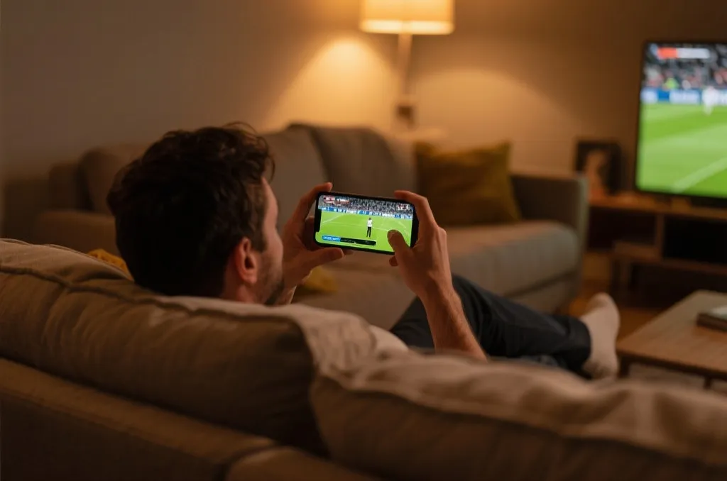 A person relaxing on a cozy sofa holding a smartphone showing a high-definition football match live stream, warm living room lighting, editorial photography.