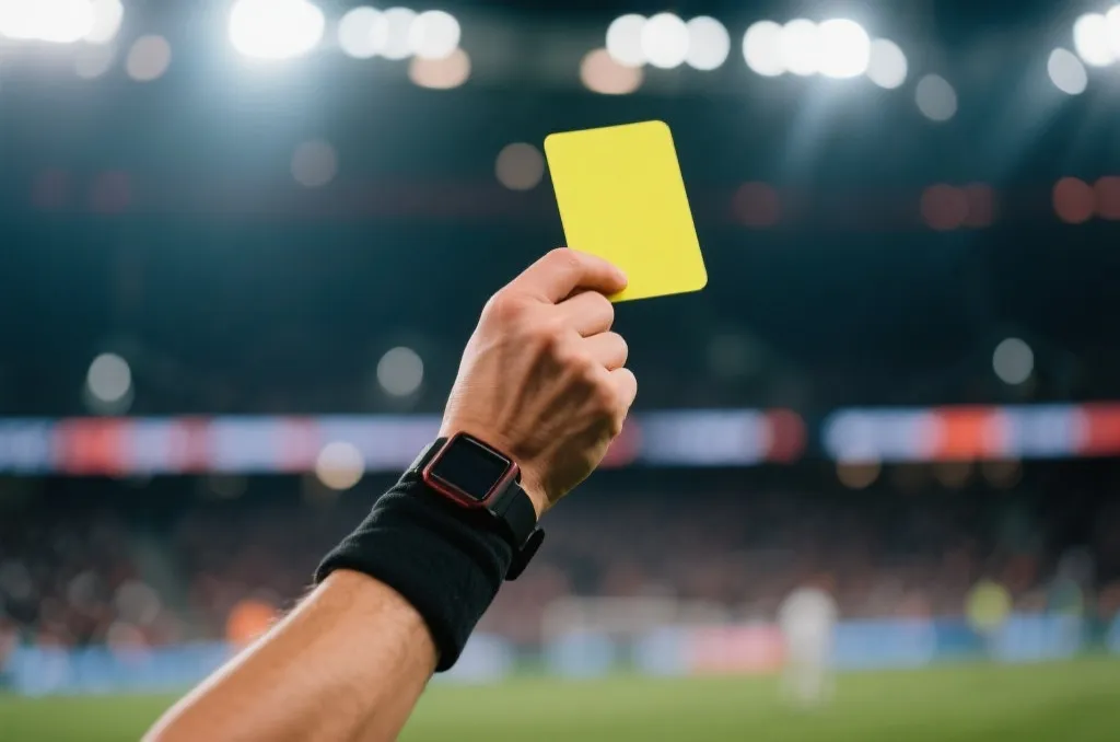 An editorial shot of a soccer referee's hand holding a yellow card mid-air during a dynamic match, stadium lights blurred in the background